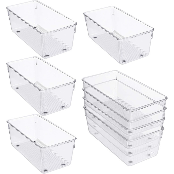 Kurtzy Refrigerator Organizer Box Set for Kitchen, Cabinets (8 Pcs) Plastic Organizer 20cm Long, Transparent Organization System for Bathroom, Pantry, Freezer, Kitchen Cabinet Organizer Drawer