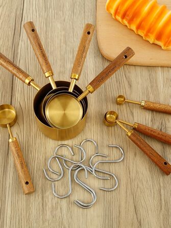 8-Piece Gold-Colored Measuring Cup and Spoon Set with Wooden Handle, Portable, Reusable, Stainless Steel Measuring Spoon Set with 8 Curved Hooks for Kitchen, Home, Baking