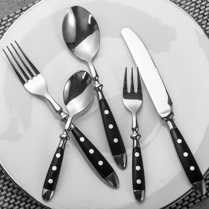 Alata Cutlery Set for 6 People - Rustic Table Cutlery Set Made of Stainless Steel with Black Handles - Forged and Heavy - Berlin Black Series, 30-Piece