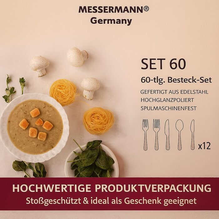 Набір столових приборів 60 предметів для 12 осіб з нержавіючої сталі – елегантний набір, полірований до блиску, придатний для миття в посудомийній машині та стійкий до іржі; для вишуканого сервірування столу в будні та на свята (Модель 3)