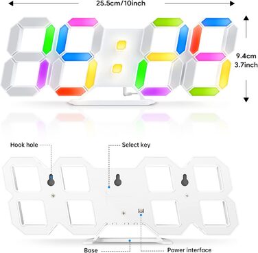 EDUP HOME 3D LED Alarm Clock Digital, 9.7 Inch 7 Colors Silent Snooze USB 12/24 Hour Date Temperature with RGB, APP Control and Remote Control Clock for Bedroom/Living Room/Office