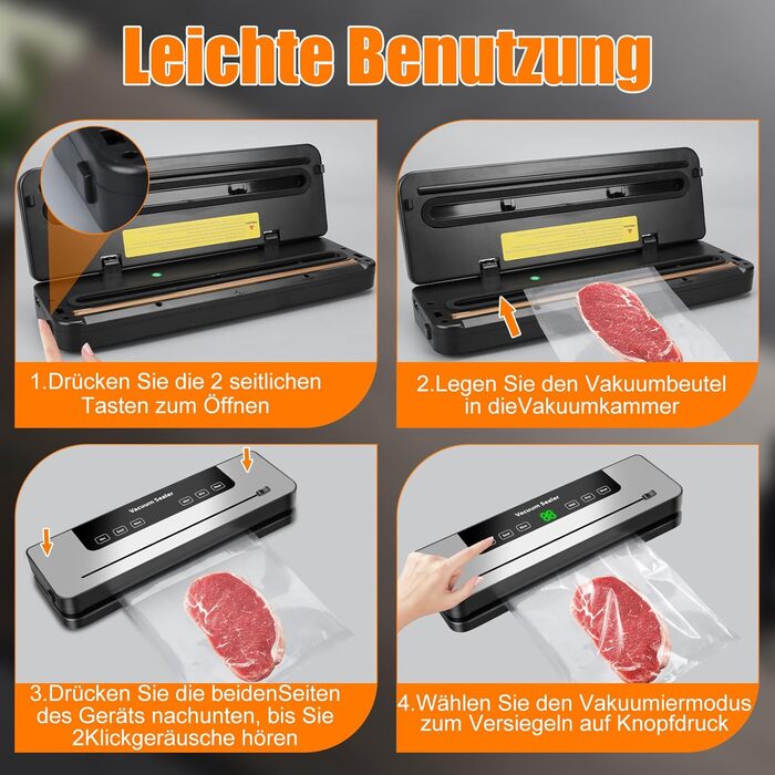 Вакуумний пакувальник KSWIOWN з 30 пакетами, 6 режимів, автоматичне закриття, ріжучий пристрій, шланг (65 KPA)