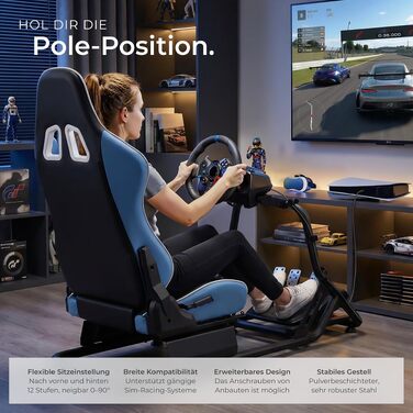 Ігровий симулятор Sim Racing Cockpit tectake® для Fanatec, Logitech, Thrustmaster, регульоване гоночне крісло GT-Style, сталевий каркас, до 120 кг (Чорний/Лазурний)