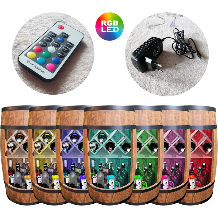 CREATIVE COOPER Fass bar LED RGB with Wine Holder - Wine Rack - Barrel Bar House Bar 80x50cm - Rustic Decor Bar Cabinet Wine Stand – Wine Cabinet (Dark Brown)