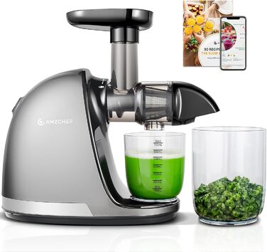 Електричний соковичавник AMZCHEF для овочів та фруктів - Slow Juicer з функцією реверсивного подрібнення, без фільтру, з щіткою та 2 чашками, сріблястий (30x19.6x30 см)