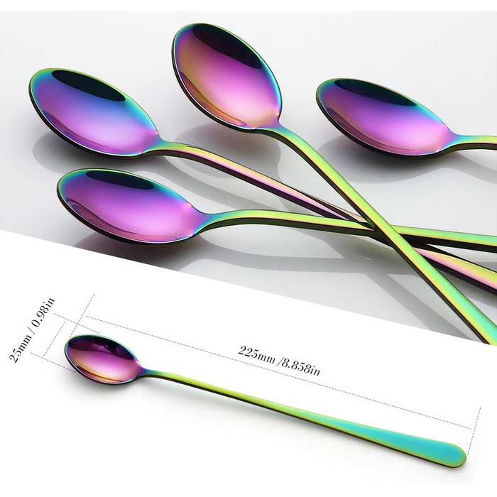 Набір ложок для лате AOOSY 8 шт., 22.7 см, нержавіюча сталь, довга ручка, для кави, коктейлів, десертів, айс-ті, 8 шт. сріблястого кольору (4 шт. кольорові)