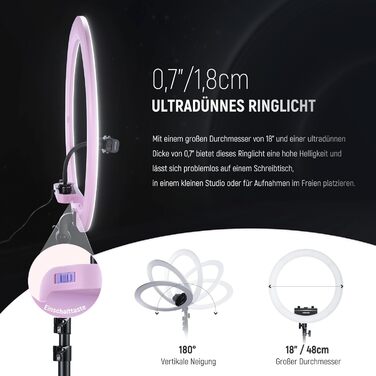 NEEWER Комплект кільцевого світла для фото та відео: 48 см, 52 Вт, регульоване LED світло, штатив, Bluetooth, рожевий (RP18B Pro)