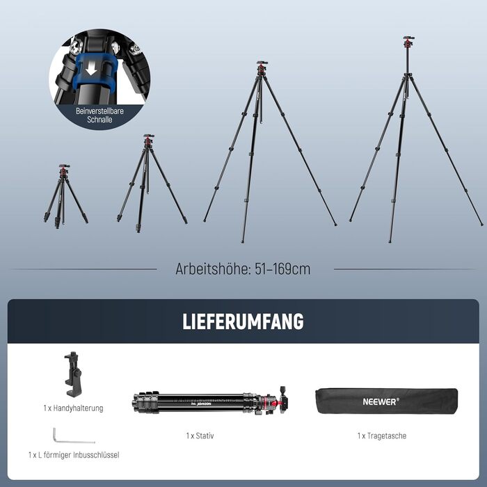 NEEWER Штатив для камери 169см, легкий, з кульковою головкою, Arca тип, тримач для телефону, максимальне навантаження 11lb, TP12