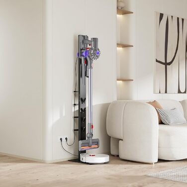 PureMounts Vacuum Cleaner Stand with Angled Baseplate for Robot Vacuums, 8 Accessory Holders, Compatible with Dyson V6, Dyson V7, Dyson V8, Dyson V10, Dyson V11, Dyson V12, Dyson V15, Black for Vacuum Cleaners + Robot Vacuums 8x Accessory Holders Black