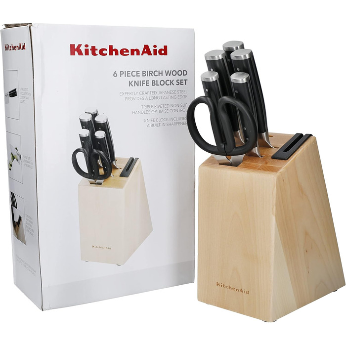 Набір кухонних ножів KitchenAid Gourmet: 5 ножів, ножиці, точилка, чорні ручки, японська сталь, 6 предметів