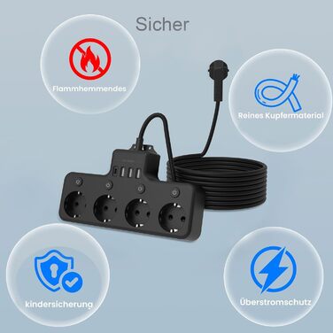 Багатофункціональна мережа з USB та вимикачем, 9 розеток, 2м кабель, кутова розетка, чорний колір, індивідуальне вмикання, для кухні та столу, монтаж на стіну
