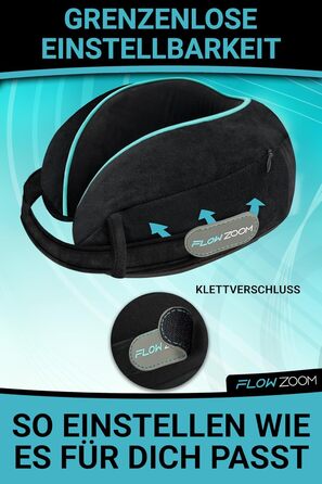 Подушка для шиї FLOWZOOM Comfy для подорожей: регульована, з memory foam, для автомобіля та літака, 360° підтримка, дихаючий чохол, з транспортним мішечком, сіра (Dream - чорна)