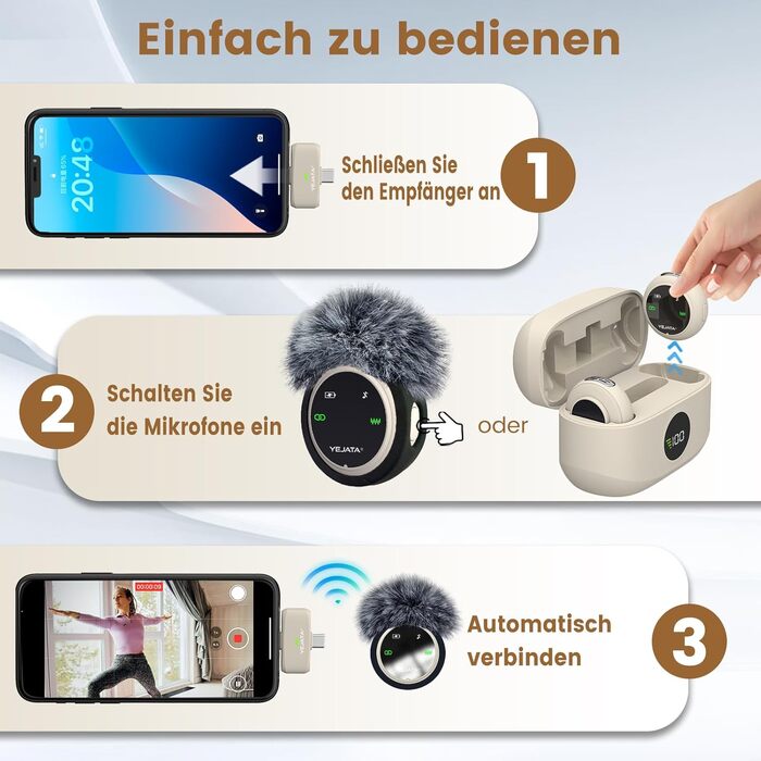 Мікрофон 2-в-1 для iPhone та Android з шумозаглушенням, кейс на 40 годин, магнітна застібка та кріплення для інтерв'ю, 25 метрів (Бежевий)