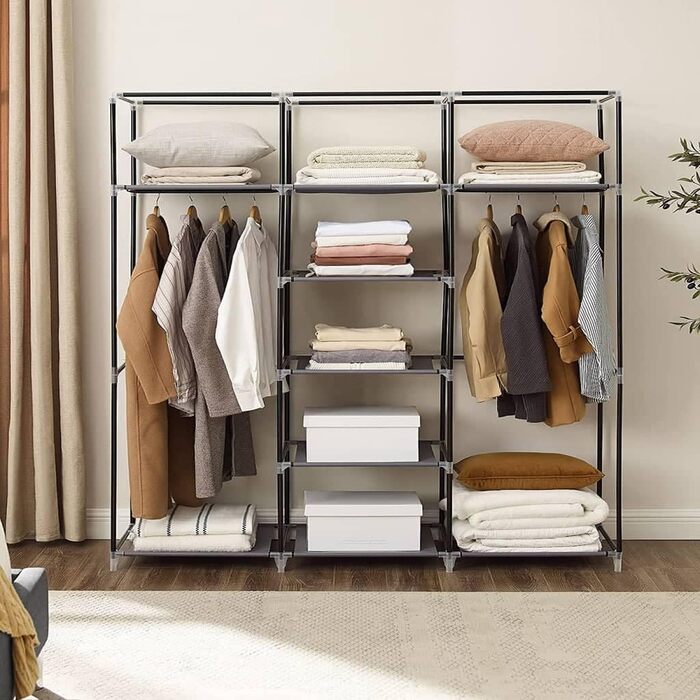 SONGMICS Wardrobe, Clothes Rack, Folding Closet Organizer with Clothes Rod, Clothes Stand, Storage, Pockets, Shoes, Bedroom, Dressing Room, 45 x 150 x 175 cm, RYG12B (Grey)