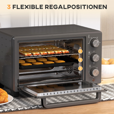 HOMCOM 21L Mini Oven 1400W 60 Min. Timer, Small Oven with Adjustable Temperature 100°C-230°C Baking Time, Mini Oven with Baking Tray, Wire Rack, Stainless Steel Table Oven, Grey | Aosom