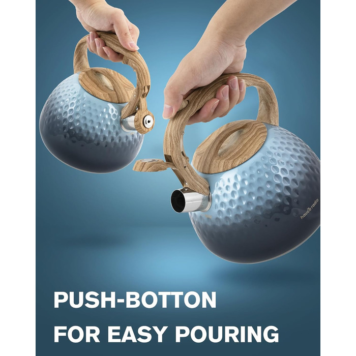 Чайник для заварювання чаю Teekessel 2,7 л з емальованим покриттям, зелений колір з імітацією дерева, з носиком-свистком, з нержавіючої сталі, антипригарне покриття, зручна ручка оливкового кольору з переходом у блакитний