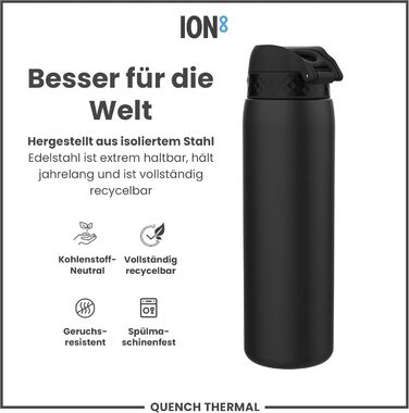 Ion8 Vacuum Insulated Stainless Steel Water Bottle, 1 Liter, 920 ml, Leak-Proof, One-Handed Opening, Secure Locking, Dishwasher Safe, Carrying Handle, Durable, Ideal for Sports and Yoga