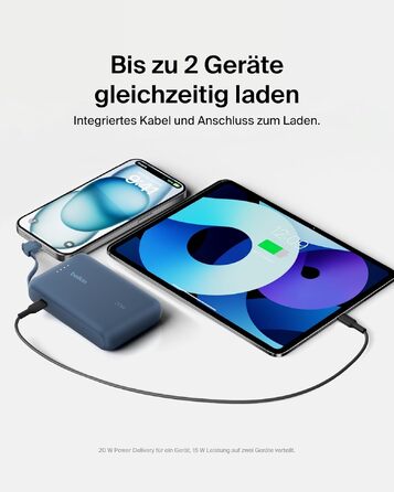 Повербанк Belkin BoostCharge 10000mAh з вбудованим кабелем USB-C, 20W, LED-індикатором, синій