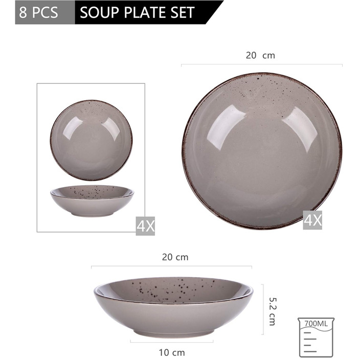 Набір посуду Vancasso NAVIA, 16 предметів, кераміка, для 4 осіб, розпис, тарілки, миски, чашки, помаранчевий (8 предметів, сірий)