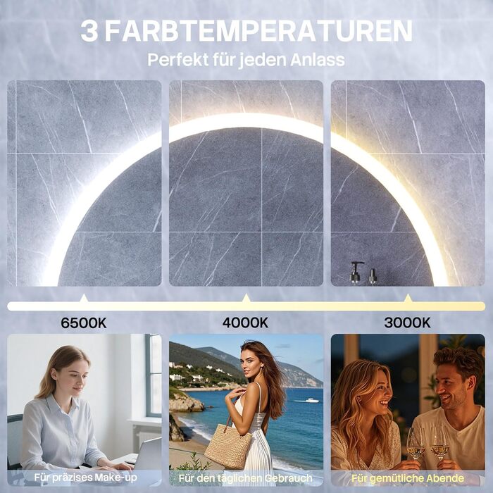 Дзеркало для ванної кімнати HySail з підсвічуванням, 5 мм, високоякісний срібний дзеркало, 3 колірні температури та регульована яскравість, настінне дзеркало з сенсорним вимикачем та антизапарюючим покриттям, кругле (80x80 см)