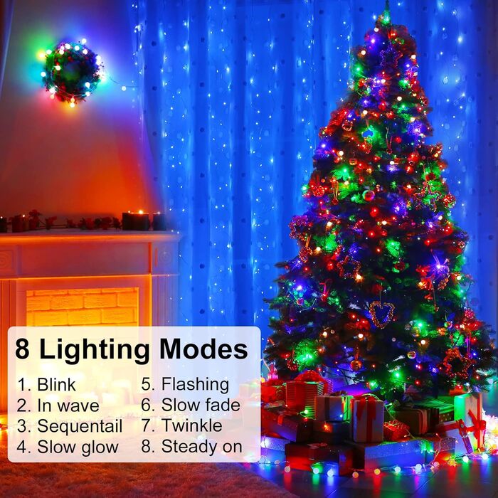 Лямпас світлодіодний Yizhet 3x3м, 300 LED, тепле біле світло, IP65, 8 режимів, для декору вечірки, свята, Нового року, тераси (блакитний)