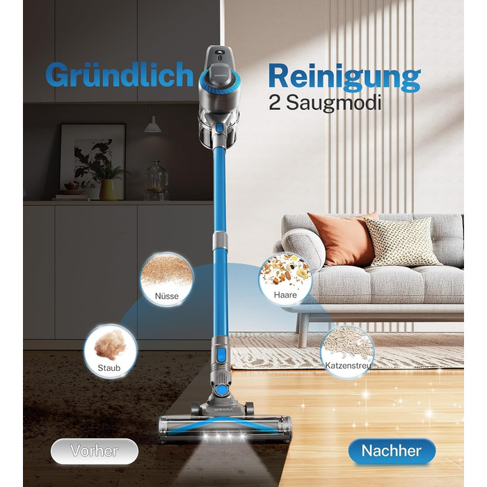 Бездротовий акумуляторний пилосос 25000Pa, 175W, 50хв, з антизаплутувальною насадкою та самостійним паркуванням, легкий ручний пилосос для прибирання килимів, твердих підлог та шерсті тварин, блакитний