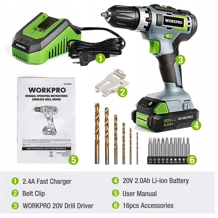 Акумуляторний шуруповерт Workpro 20 В B08CTVFJVR
