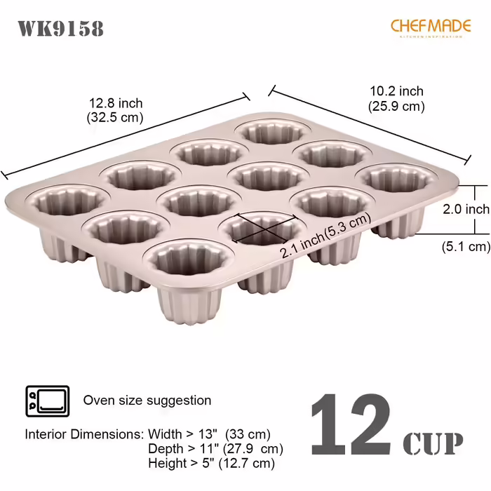 CHEFMADE Canelé Baking Mold, 12-Cavity Non-Stick Canelé Muffin/Cupcake Pan for Oven Baking (Champagne Gold)