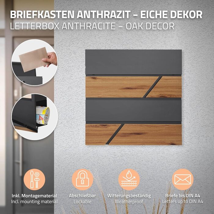 Поштовий ящик ML-Design Anthrazit/Ефект дерева Дуб, сталь, 37x37x11 см. Сучасний настінний поштовий ящик з газетницею, з замком та 2 ключами.