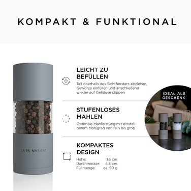LARS NYSØM Salt and Pepper Grinder Set made of Stainless Steel with Adjustable Ceramic Grinder 2 Pieces | Manual Spice Mills with High-Quality Design (2 pcs) (Ash Gray)