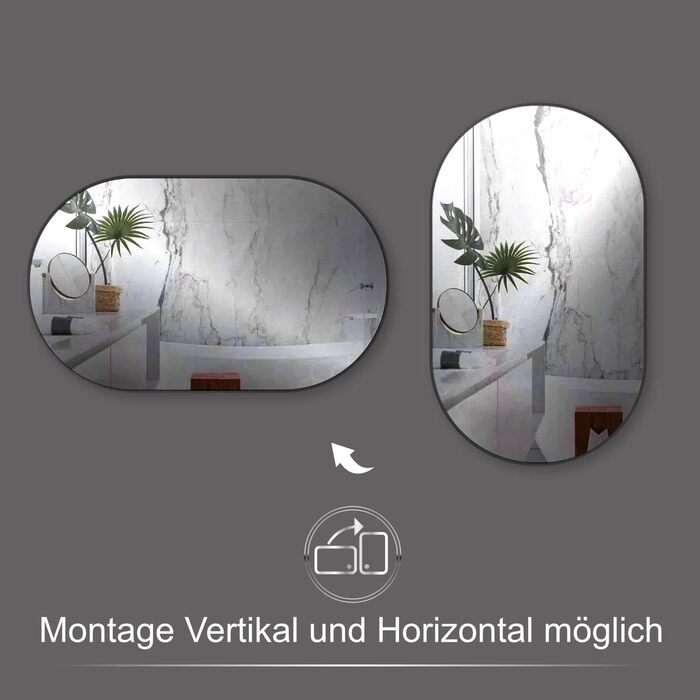 Дзеркало настінне овальне HOKO Design 50 x 90 см, чорний матовий металевий каркас. Можлива вертикальна та горизонтальна установка. Для ванної, коридору, спальні, вітальні та їдальні.