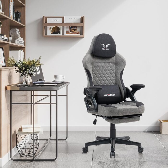 Геймерське крісло Racing Ergonomic Stoff Schwarz Grau з регульованою підголівкою, підлокітниками та підставкою для ніг