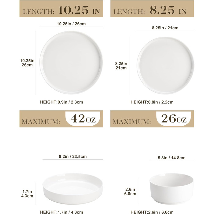 MALACASA, Leah Series, Dinnerware Set for 4 People, 12-Piece Porcelain Tableware Set Combination Set White, Dishware with Raised Edge consisting of 4x Dinner Plates, 4x Dessert Plates, 4x Cereal Bowls White, 12-Piece