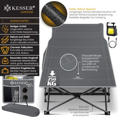 Кемпінгове ліжко KESSER®: стабільне розкладне ліжко для відпочинку на природі, 210 см, 600D Oxford, з сумкою та ліхтарем