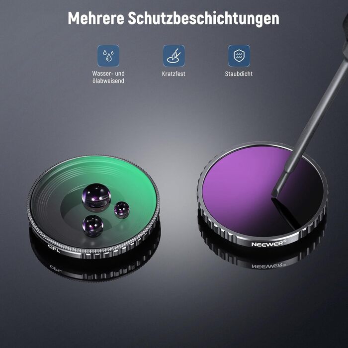 Набір фільтрів NEEWER CPL та ND для DJI Osmo Action 4/Action 5 Pro (4 шт.): CPL, ND8, ND16, ND32. Сумісний з DJI Osmo Action 4/Action 5 Pro. Фільтри для екшн-камери, з багатошаровим покриттям.