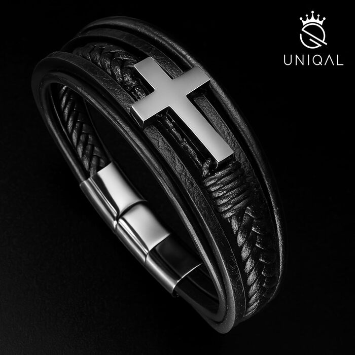 Браслет шкіряний чоловічий UNIQAL 'HEAVEN' з хрестом, магнітний замок, срібний, 21 см + подовжувач, в подарунковій коробці