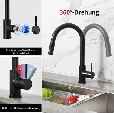 Чорний кухонний змішувач Rainsworth з висувною лійкою та душем, високий (56 см), з двома типами струменя, 360° оберт, з нержавіючої сталі, проста установка