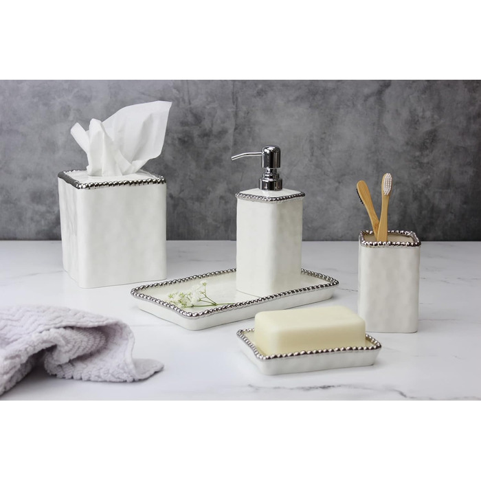 Pampa Bay VAN2718W Toothbrush Holder with Silver Pearls, 11.4 cm Height, Porcelain