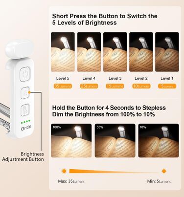 LED-лампа для читання Gritin з кліпсою, перезаряджувана, 7 LED, 3 колірні температури, регулювання яскравості, 5 режимів, довга робота, білий колір