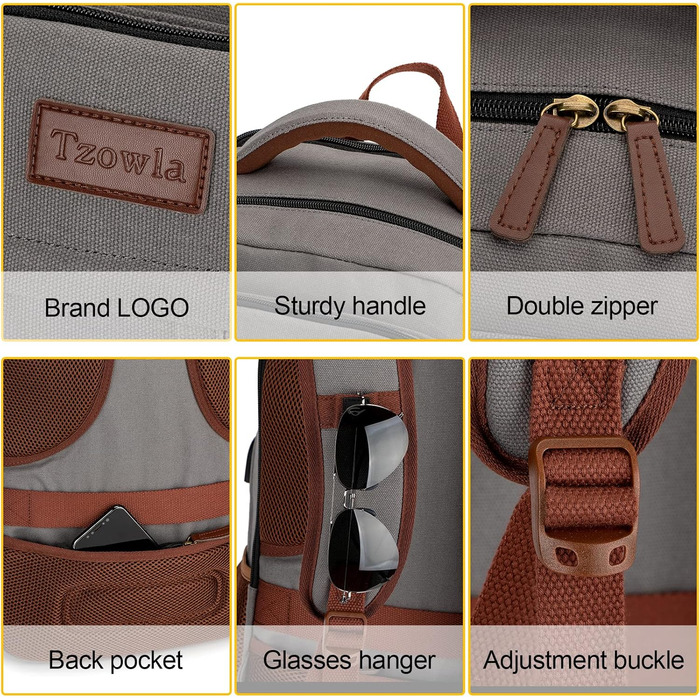 Tzowla Canvas Laptop Rucksack, Sailing Fabric Travel Backpack, Unisex Travel Bag, Work Backpack for 15.6 inch Laptop, Book Bag with USB Charging Port, (17.3 inch, Khaki)