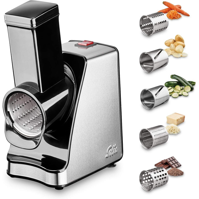 Solis Electric Vegetable Slicer Slice & More 8401 - All-in-One Slicer - Spiralizer - Multi-Grater + Food Processor + Vegetable Grater with 5 Cutting Drums - Stainless Steel/Plastic - 350 Watts