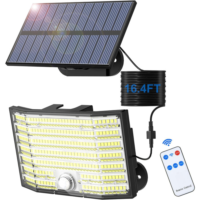 Сонячні вуличні LED ліхтарі з датчиком руху, 226 LED, 3 режими, IP65, 180° кут освітлення, настінні, з кабелем 5 м, для саду та гаража, 2 шт.