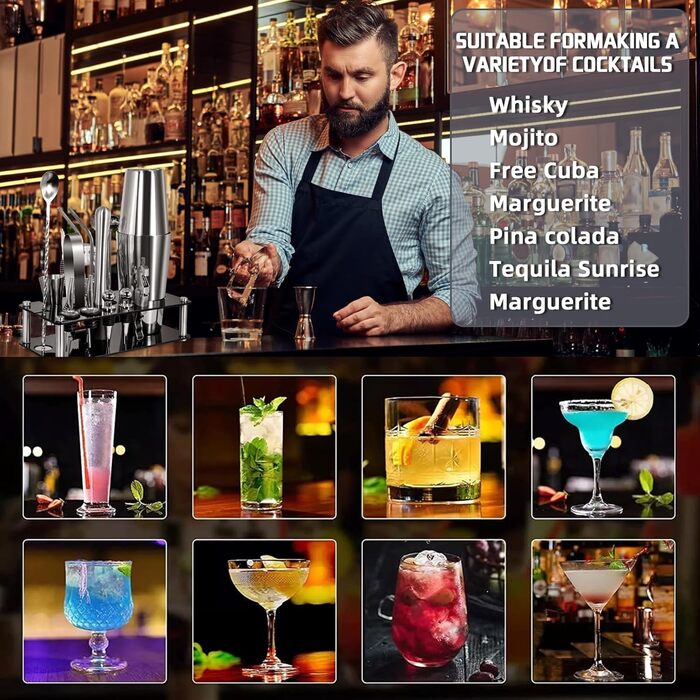 Набір для коктейлів, 18 предметів, з нержавіючої сталі: шейкер, стійка, рецепти. Професійний набір для вечірок