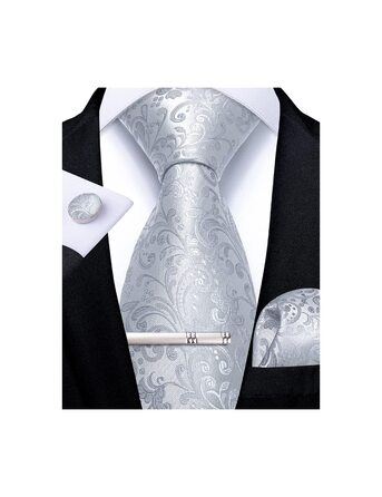 Набір аксесуарів для чоловіків DiBanGu: краватка, хустинка, кафтанчики, краватковий затискач, шовковий паваротний узор, білий / срібний