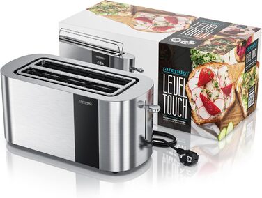 Тостер Arendo з нержавіючої сталі, 4 слоти, сенсорний екран, подвійні стінки, 1500 Вт, підставка для булочок, 6 ступенів підсмажування, центрування хліба, таймер, пам'ять, колір: сталевий