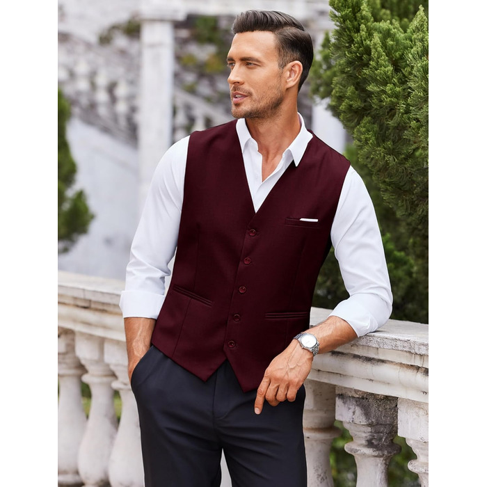 COOFANDY Жилет чоловічий під костюм, V-подібний виріз, формальний, для весілля, класичний, приталений, елегантний, для бізнесу, для вечірки (M, Бордовий)