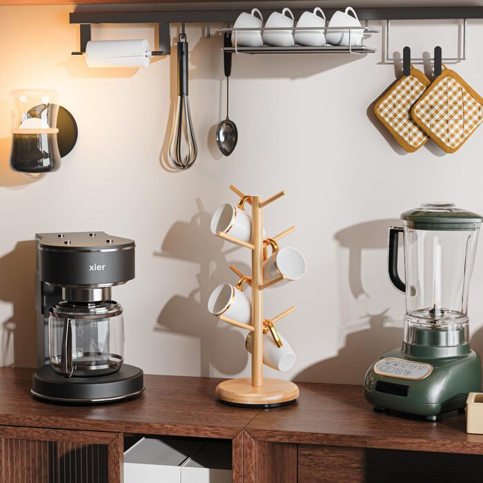 BAMBANG Bamboo Coffee Mug Tree, Swivel Coffee Mug Holder for Countertop, Coffee Mug Shelf with 8 Hooks, Coffee Mug Organizer, Mug Stand Hanger for Coffee Bar, (Natural)