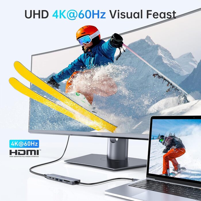 Док-станція для 2 моніторів, USB-C хаб 8 в 1: адаптер DisplayPort, HDMI, VGA, PD 100W, USB 2.0, для ноутбуків Dell, Thinkpad, Huawei
