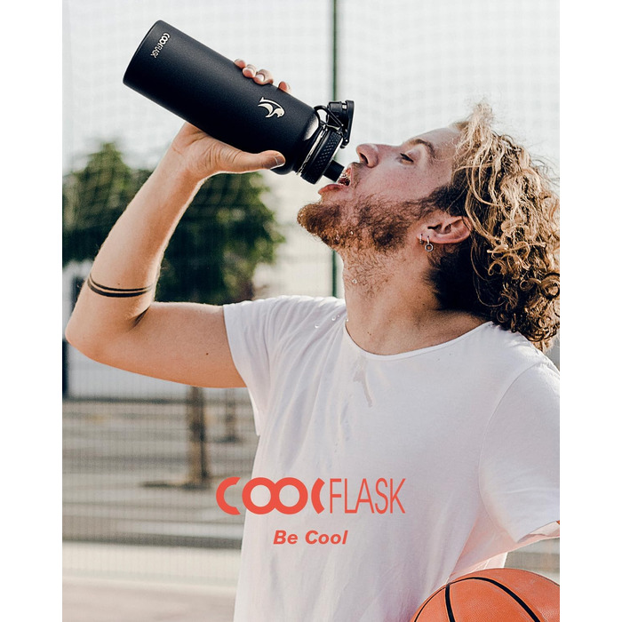 Термофляга Coolflask 1180 мл з трубою та 3 кришками, вакуумна металева пляшка для води для спорту та офісу, чорна