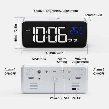 Будильник HOMVILLA Digital з великим LED-дисплеєм температури, подвійний будильник, повтор, регулювання яскравості та 10 мелодій для спальні (срібний)